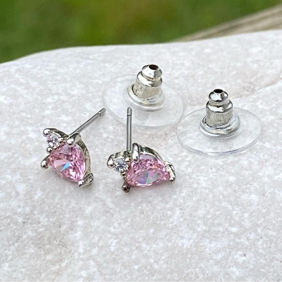 SOLD Pink Crystal Topaz heart stud earrings with white cz accent antiqued silver - Picture 7 of 9